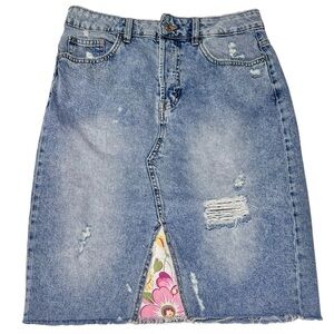 Upcycled Artisan Distressed Jean Skirt With Floral Trim, Button Fly, size‎ 12